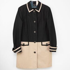 Brooks Brothers Trench Coat Button Front Color Block Jacket Black Tan Size 12